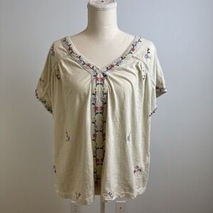 Lucky Brand Embroidered Cotton Floral Vneck Tee Womens XL Boho Peasant Cottage